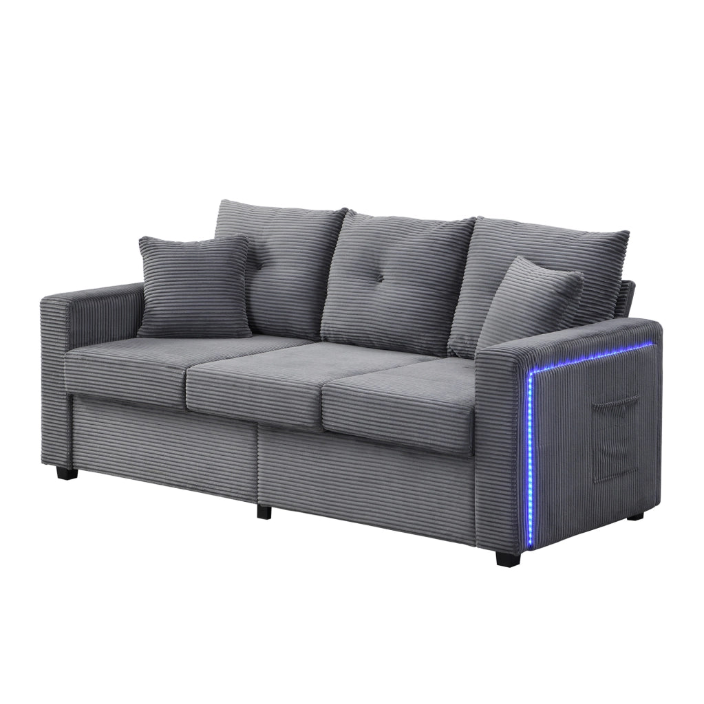 Divano modulare a L con illuminazione LED; ottomano multifunzione; in cord; grigio antico