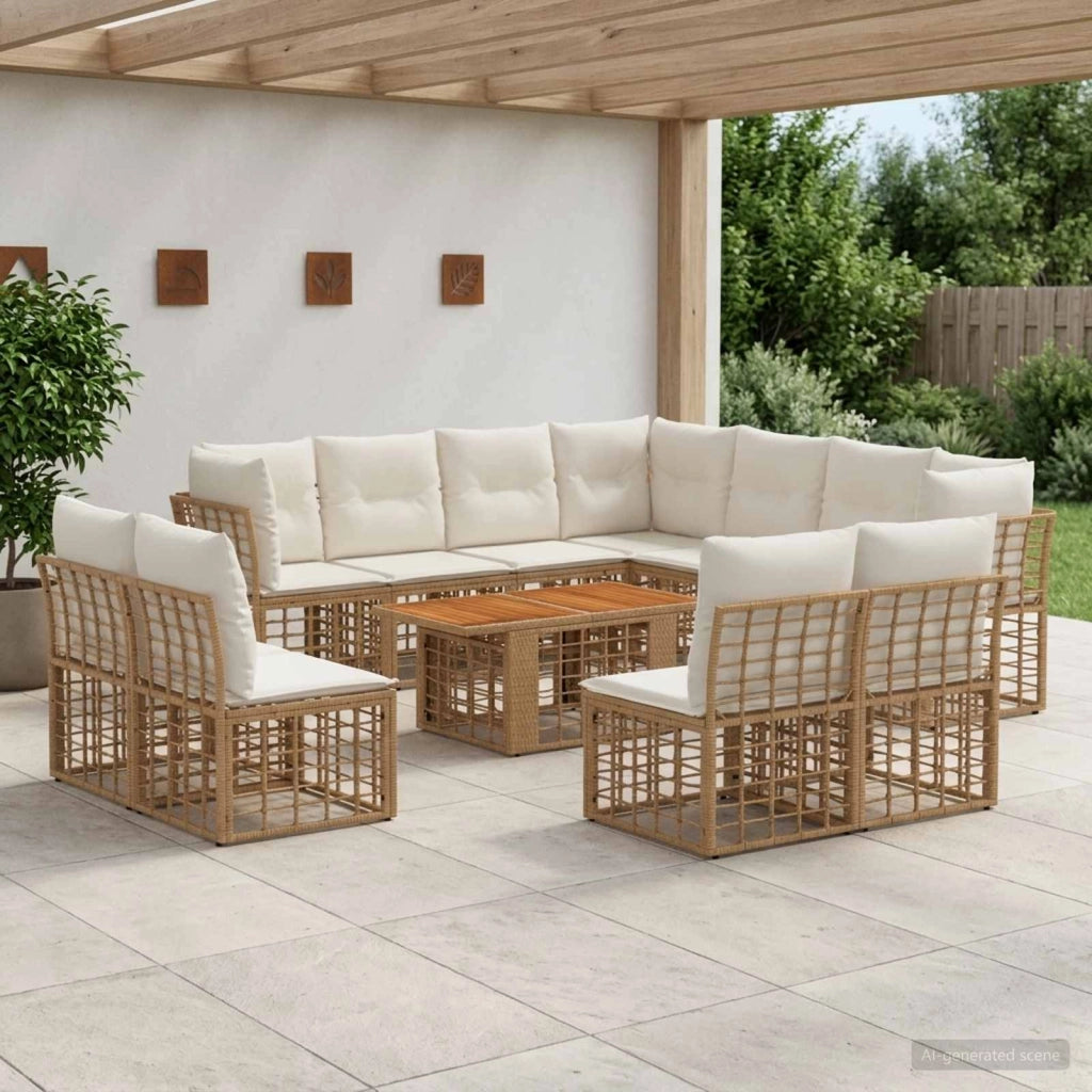 Set Divano da Giardino 12 pz Naturale e Bianco Crema polyrattan 3437878