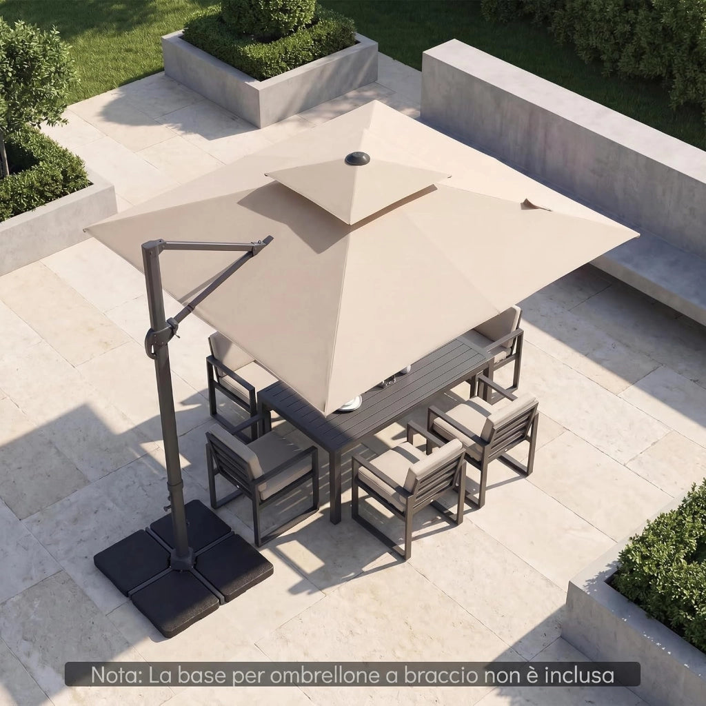Ombrellone da Giardino 300 cm con Base a Croce, Ombrellone da Esterno Quadrato con Manovella, Rotazione 360°, 8 Stecche Metalliche Resistenti, per Balcone, Terrazzo e Piscina