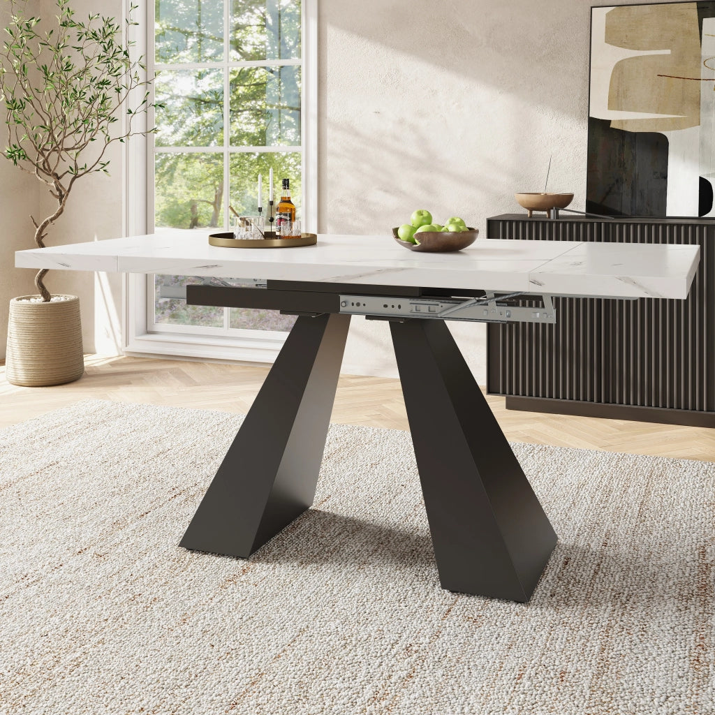 Tavolo da pranzo allungabile con piano in MDF effetto marmo e gambe in acciaio al carbonio, bianco, 99 × 74 × 77 cm