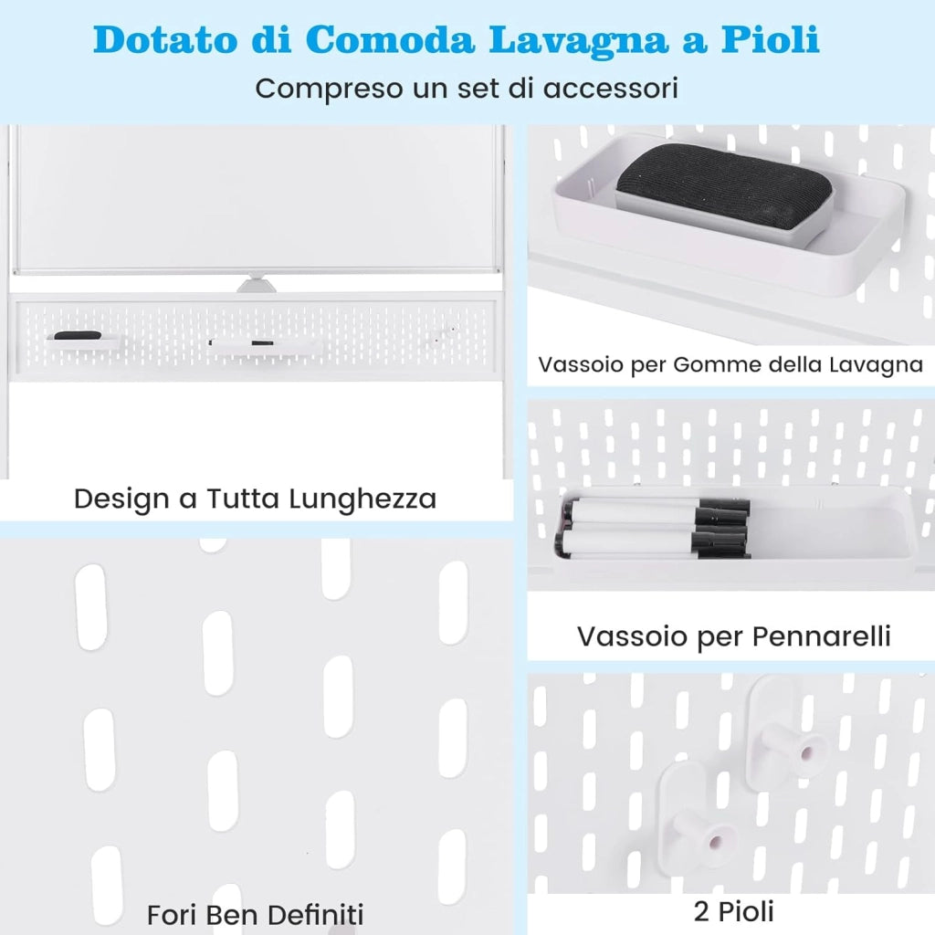 Lavagna Bianca Mobile 120 x 90 cm, Lavagna Magnetica Cancellabile a Secco con Pannello Forato, Cavalletto e Ruote,Doppia Faccia Altezza Regolabile, Accessori Completi (Bianco)
