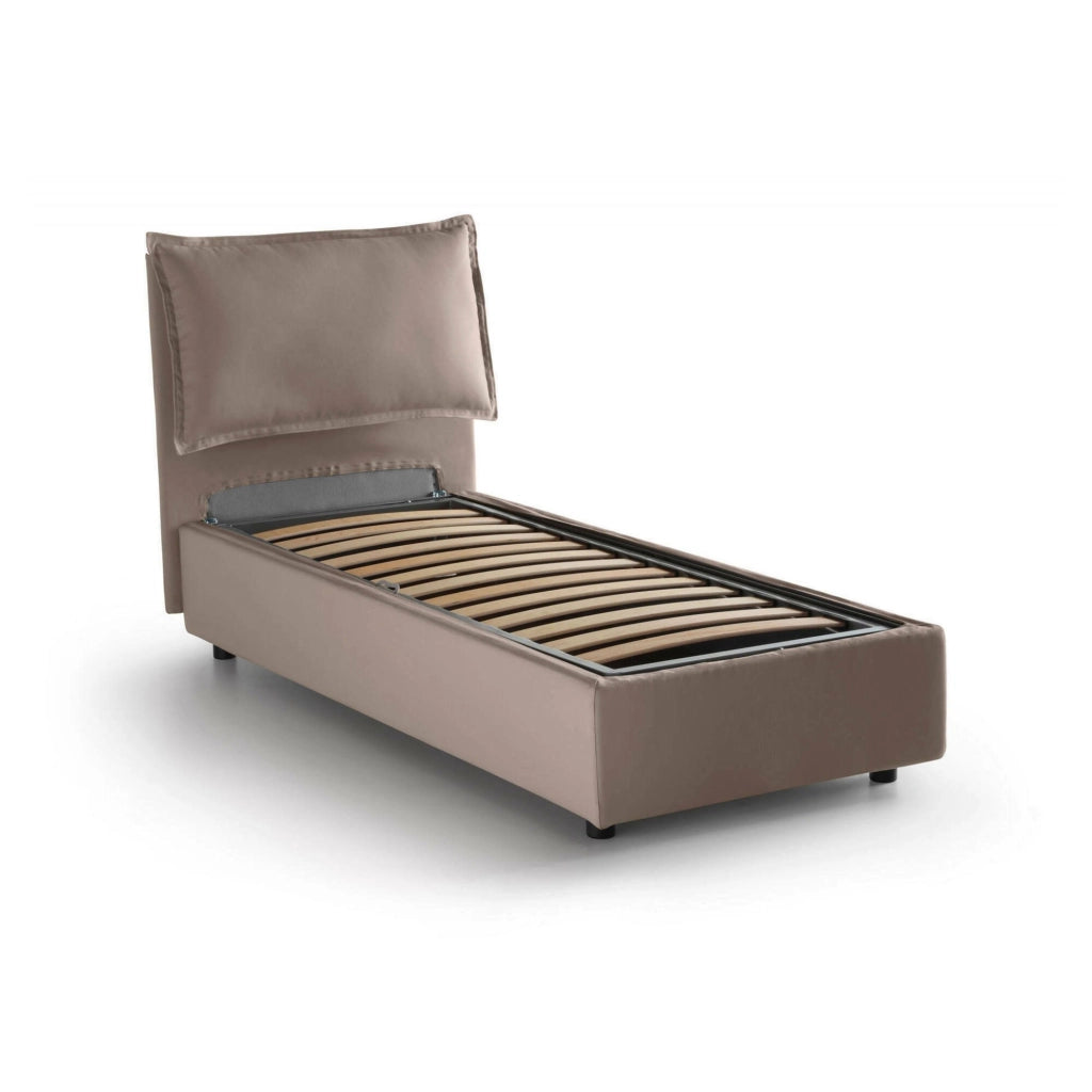 Letto singolo Aigor, Letto contenitore con rivestimento in tessuto, Made in Italy, Apertura frontale, adatto per materasso cm 90x190, Tortora