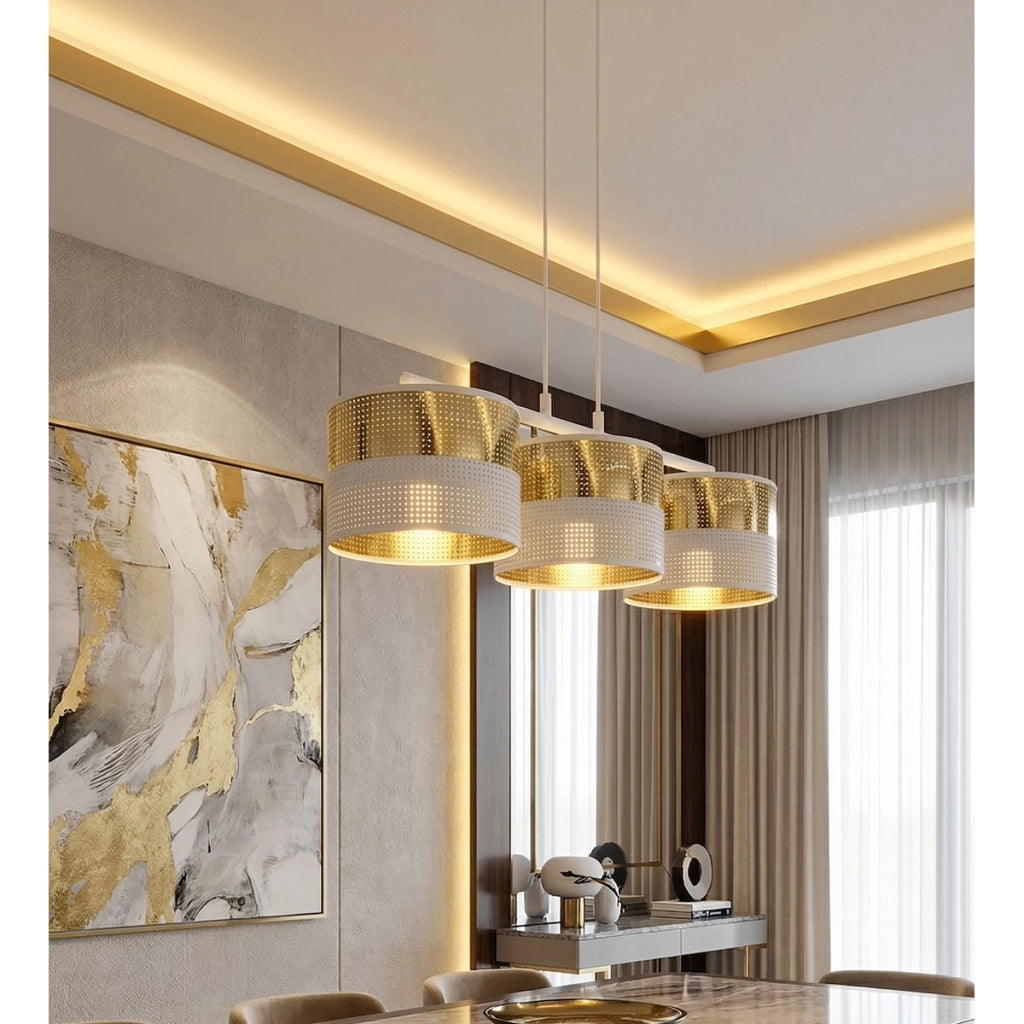 Lampada a sospensione Lux in acciaio bianco e oro