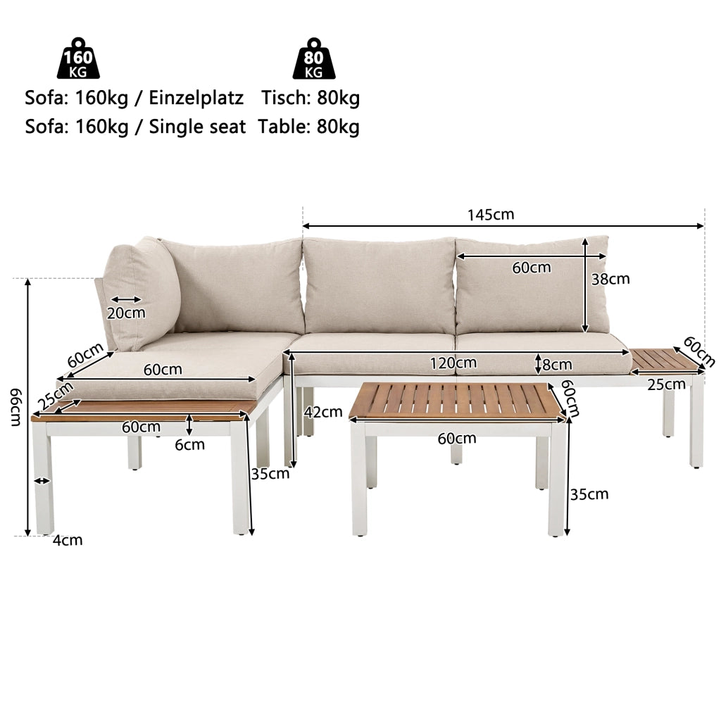 Salotto da Giardino con 2 Divani 2 Posti; 2 Tavolini Laterali e 1 Tavolino; per Terrazza; Ferro; Beige