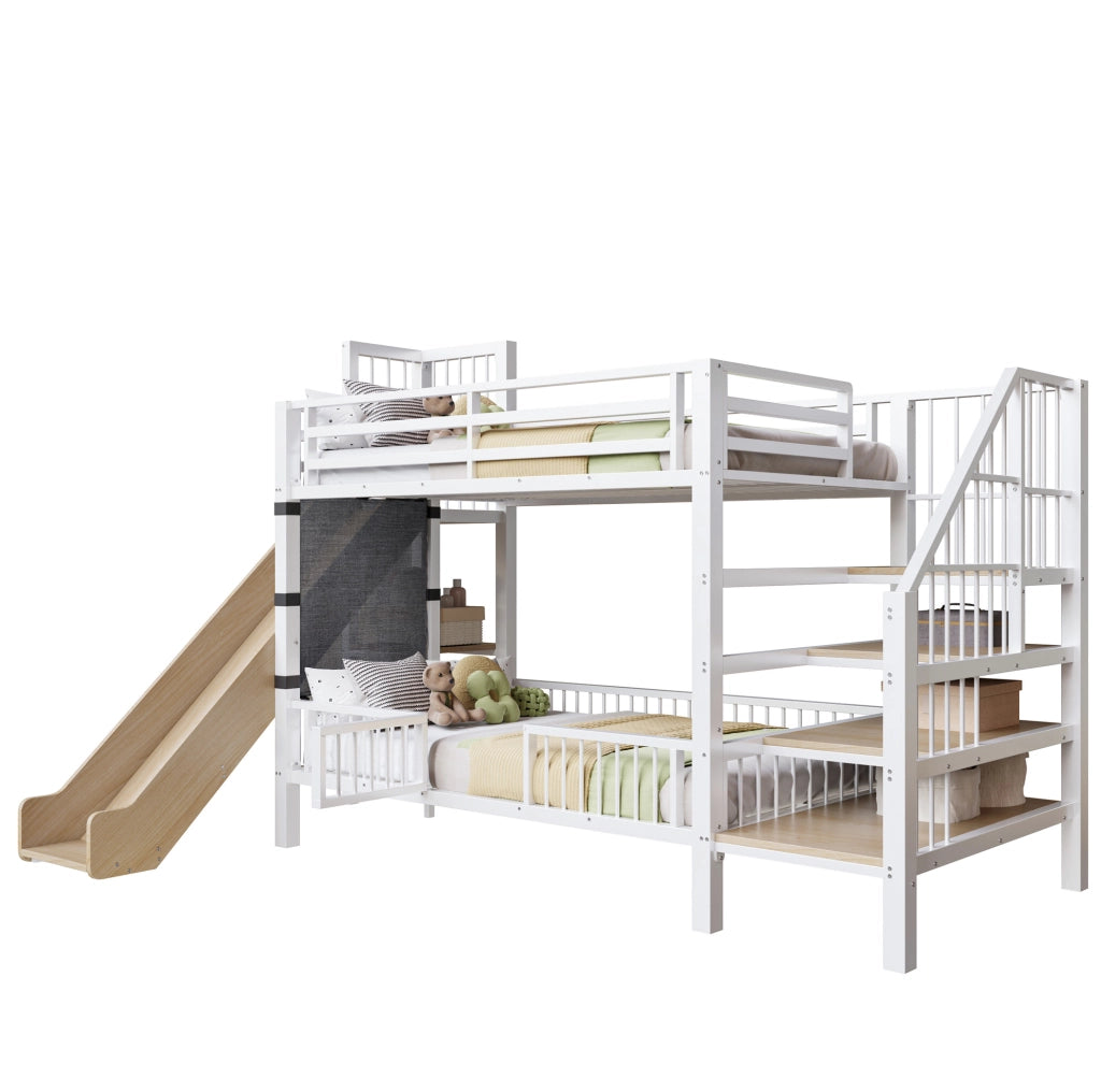 Letto a soppalco per bambini 90x200 cm in metallo bianco con scivolo; scala con contenitore e ripiani