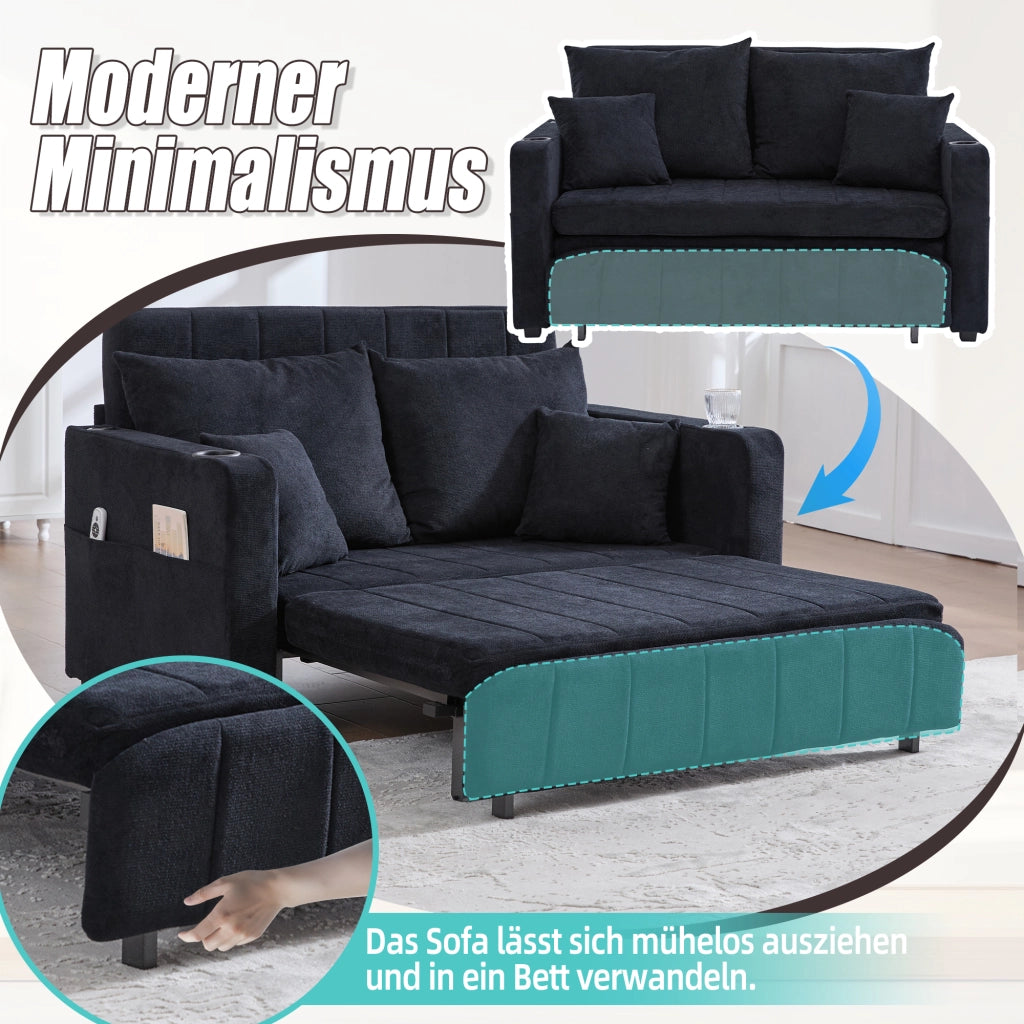 Divano Letto Convertibile con Tasche Laterali; Portabicchieri e Cuscini; in Ciniglia Nero; 139 × 83 × 58 cm