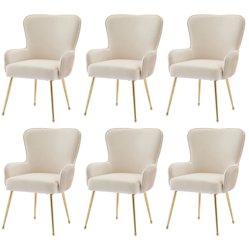 Sedia da pranzo in velluto con braccioli e supporto lombare set da 6 con gambe in metallo e piedini regolabili beige e oro
