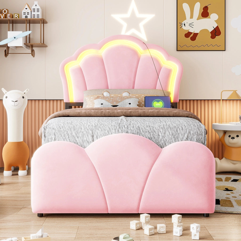 Letto imbottito 90x200 cm con contenitore idraulico, LED e prese integrate