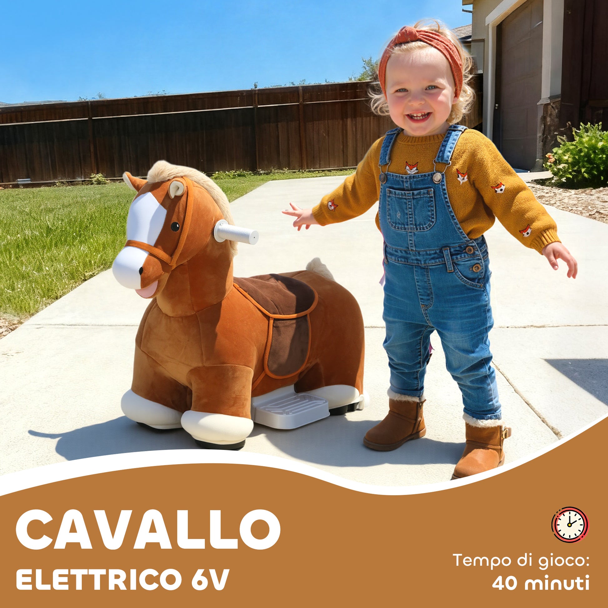 Cavallo Elettrico per Bambini 74x34x51 cm con Pedali Rotelle e Suoni in Peluche e Metallo Marrone