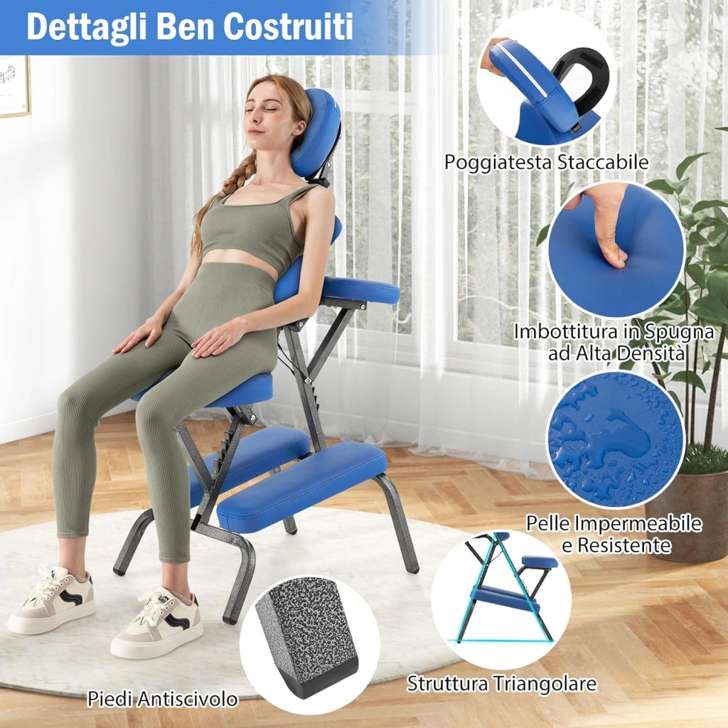 Sedia da Massaggio Pieghevole e Leggera, per Viaggi Tatuaggi e SPA, Sedia da Massaggio con Altezza Regolabile con Poggiatesta e Borsa da Trasporto (blu)