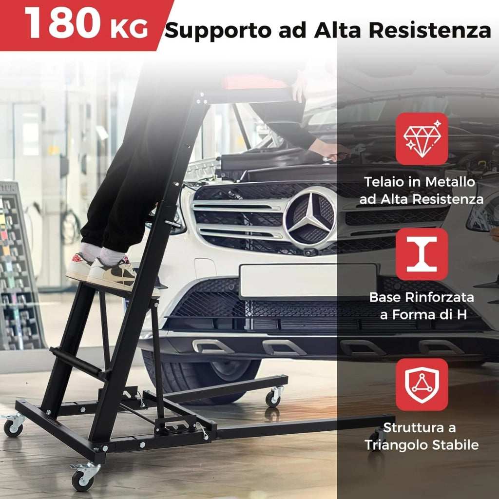 Creeper Pieghevole per Motore, Creeper per Motore Auto con Altezza Regolabile e Angolazione, 4 Ruote, Piattaforma Imbottita, Capacità Carico 180kg, per Garage e Officina di Riparazione
