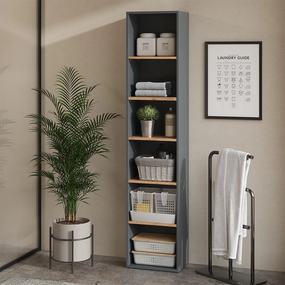 Mobile alto Viktor, Antracite/quercia dorata, 40.2 x 188.6 cm, utilizzabile per la conservazione verticale di accessori da bagno