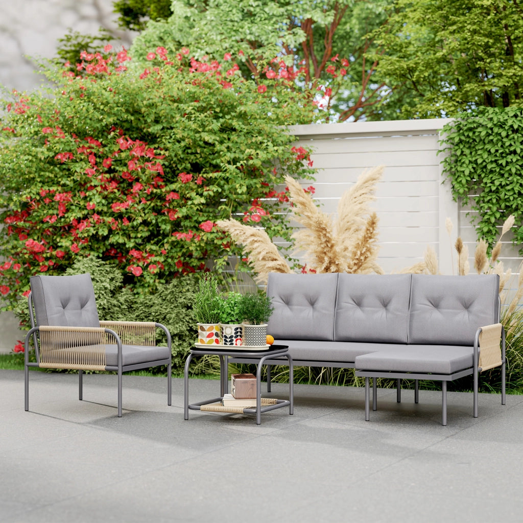 Set Salotto da Giardino 4 Pezzi in Polyrattan con Divano, Chaise Longue, Poltrona e Tavolino ¨C Zephmum ¨C Grigio