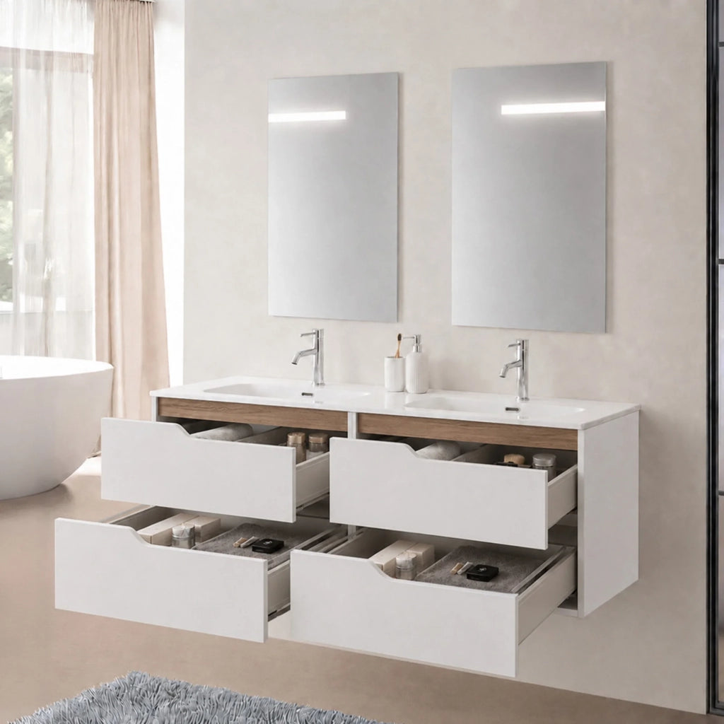 Mobile bagno sospeso 120 cm bianco e quercia due cassetti e doppia vasca Sumya