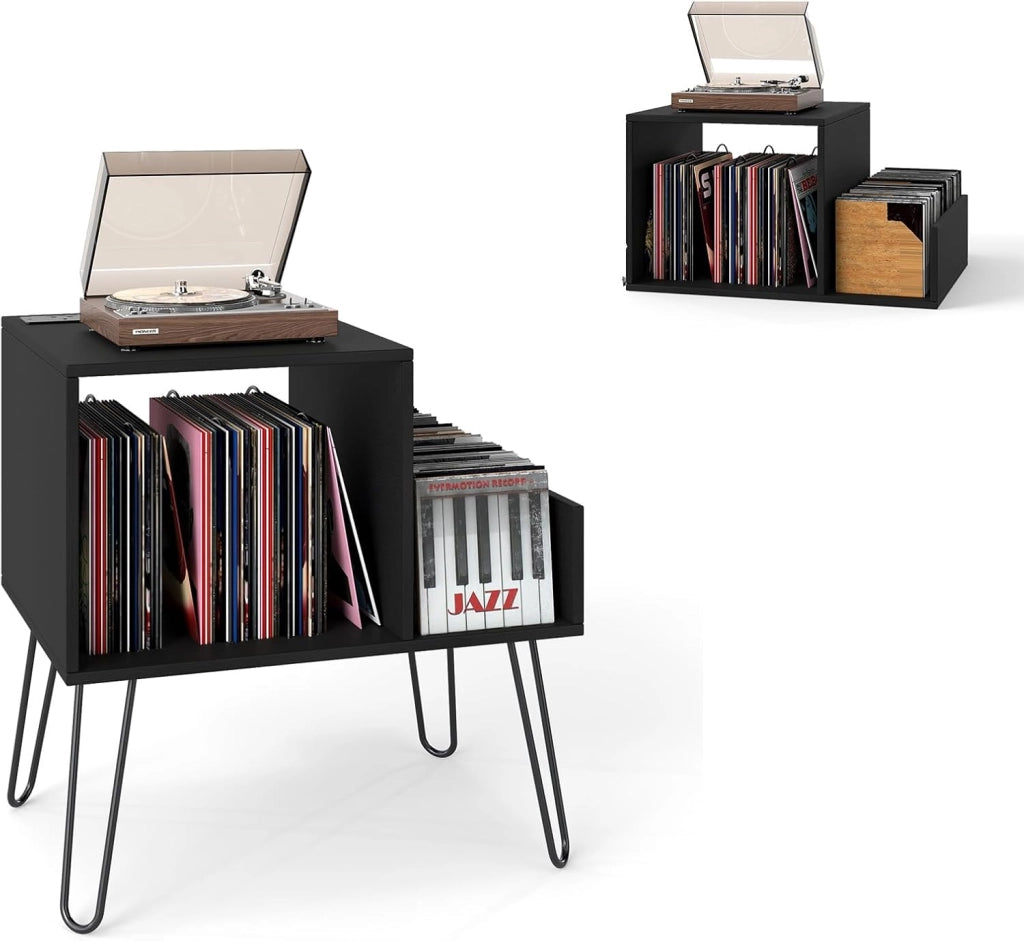 Supporto per Giradischi con Stazione di Ricarica, Porta Dischi Vinile Vintege con Pareti Divisorie e Ripiano Laterale, Espositore per Dischi in Vinile Fino a 145 Album, 66x45x67cm (Bianco)