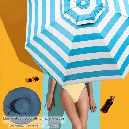 Parasole per mare con diametro 200 cm - Blu e bianco - Protezione UV - Protezione dal vento