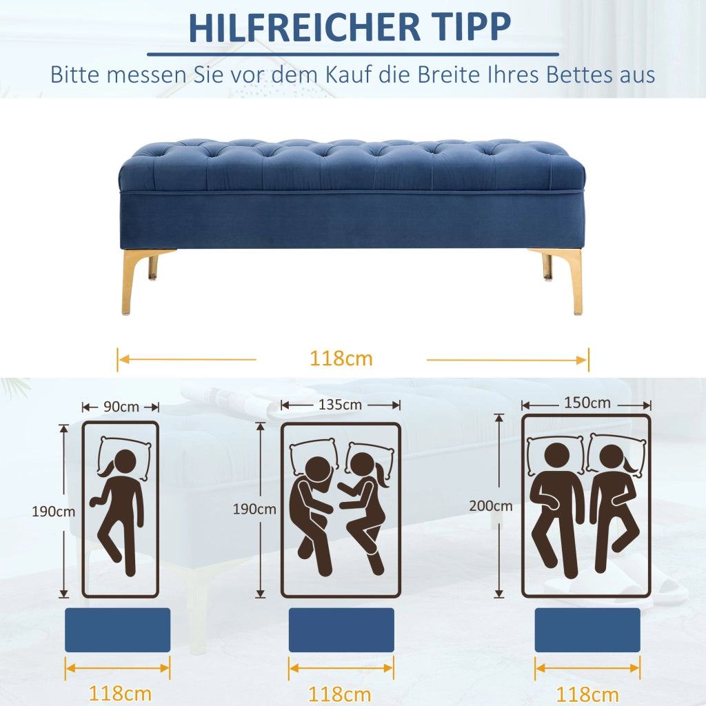 Panca imbottita con piedini ¨C Xylo ¨C velluto blu camera da letto