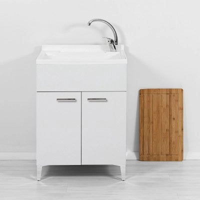 Mobile lavatoio bianco 60x50 cm vasca in resina e asse lavapanni Desya