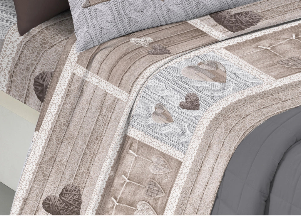 Completo Lenzuola Linea Pensieri Delicati 100% Cotone Disegno Shabby Love - Piazza E Mezza - Beige