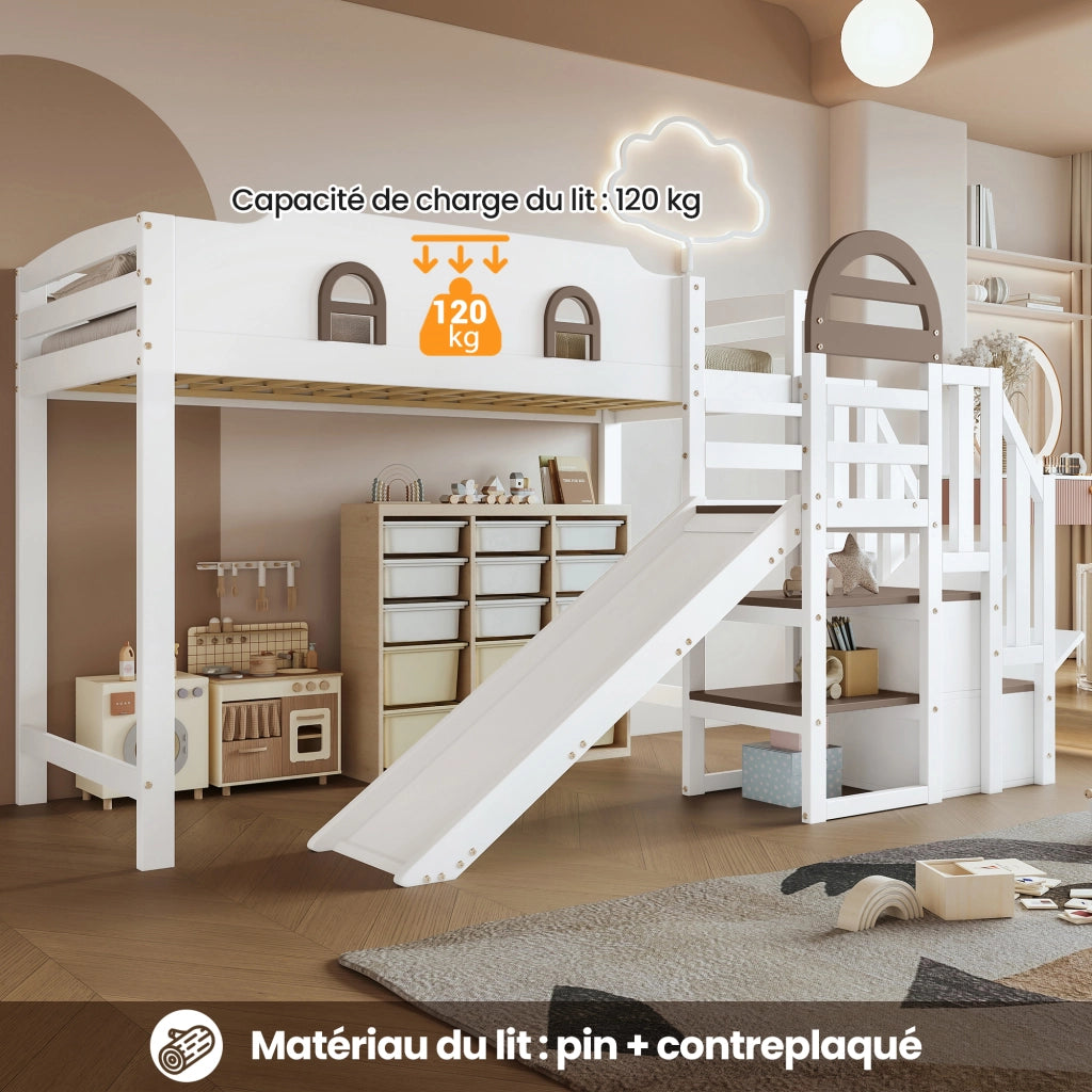 Letto a Castello 90x200 cm - Scivolo; Scala con Corrimano e 2 Armadietti - Bianco