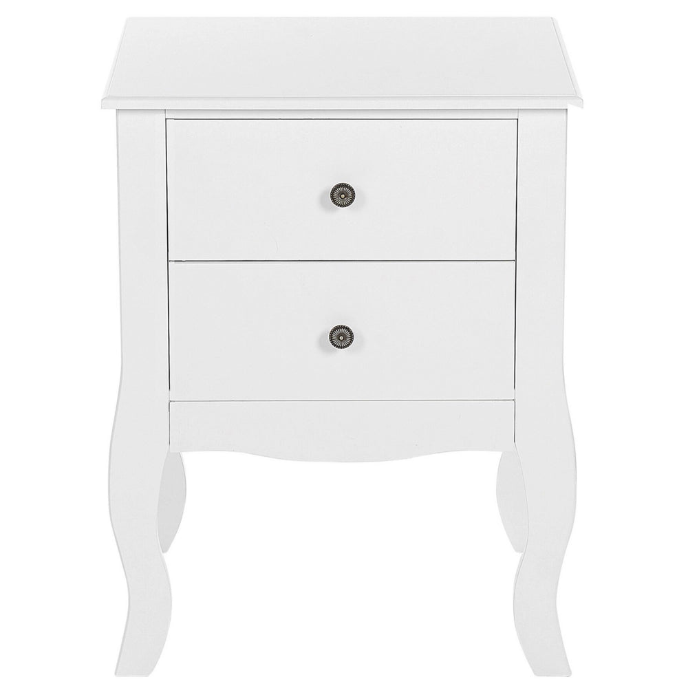 Comodino MDF bianco 2 cassetti portaoggetti Gambe curve cabriole Manopole in metallo Maniglie design scandinavo