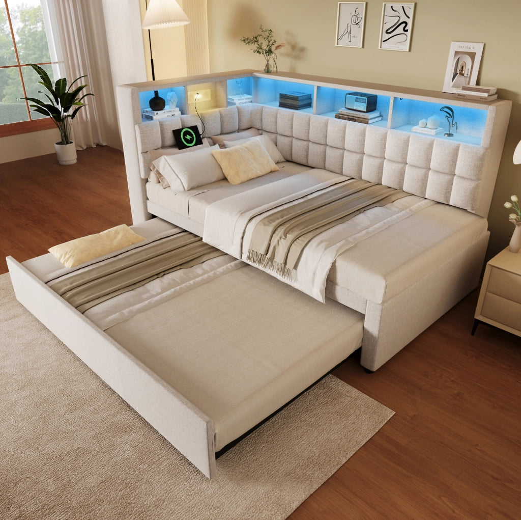 Letto imbottito con letto estraibile 90x200 cm; LED; Bluetooth; USB e Type-C; beige