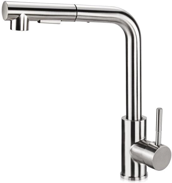 Faucetta Uscibile per Cucina 360° Rotativa, Rotativa, Due Modalità di Getto, Regolabile Acqua Fredda e Calda, Lavorata a Martello Acciaio Inossidabile (a L con Finitura Argentata)