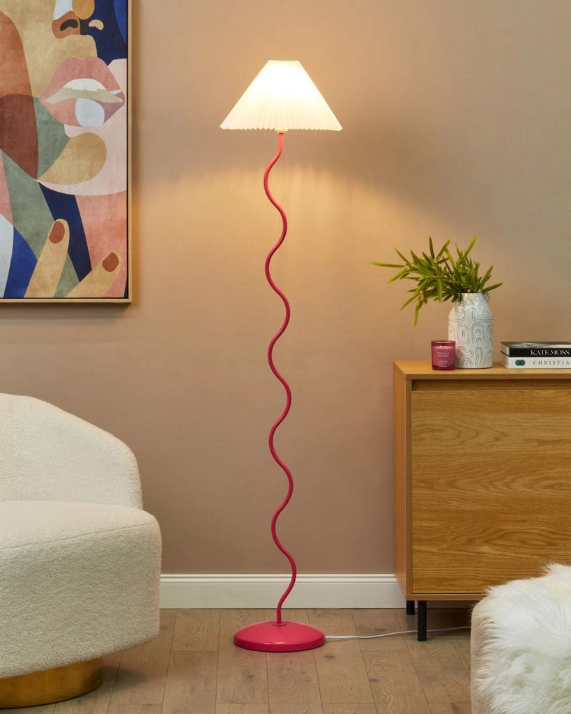 Lampada da terra Base metallica bianca e rosa Paralume plissettato in plastica Stile retrò vintage