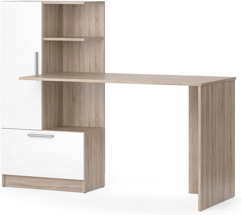 Scrivania con ripiani Tomy, Bianco, 150 x 59 cm, con ripiani aperti per una conservazione organizzata