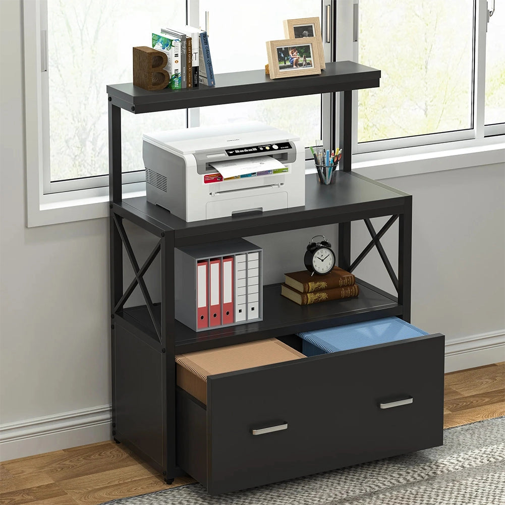 Mobile Multiuso per Stampante 3 Ripiani e 1 Cassetto 80x40x110 cm in MDF Nero