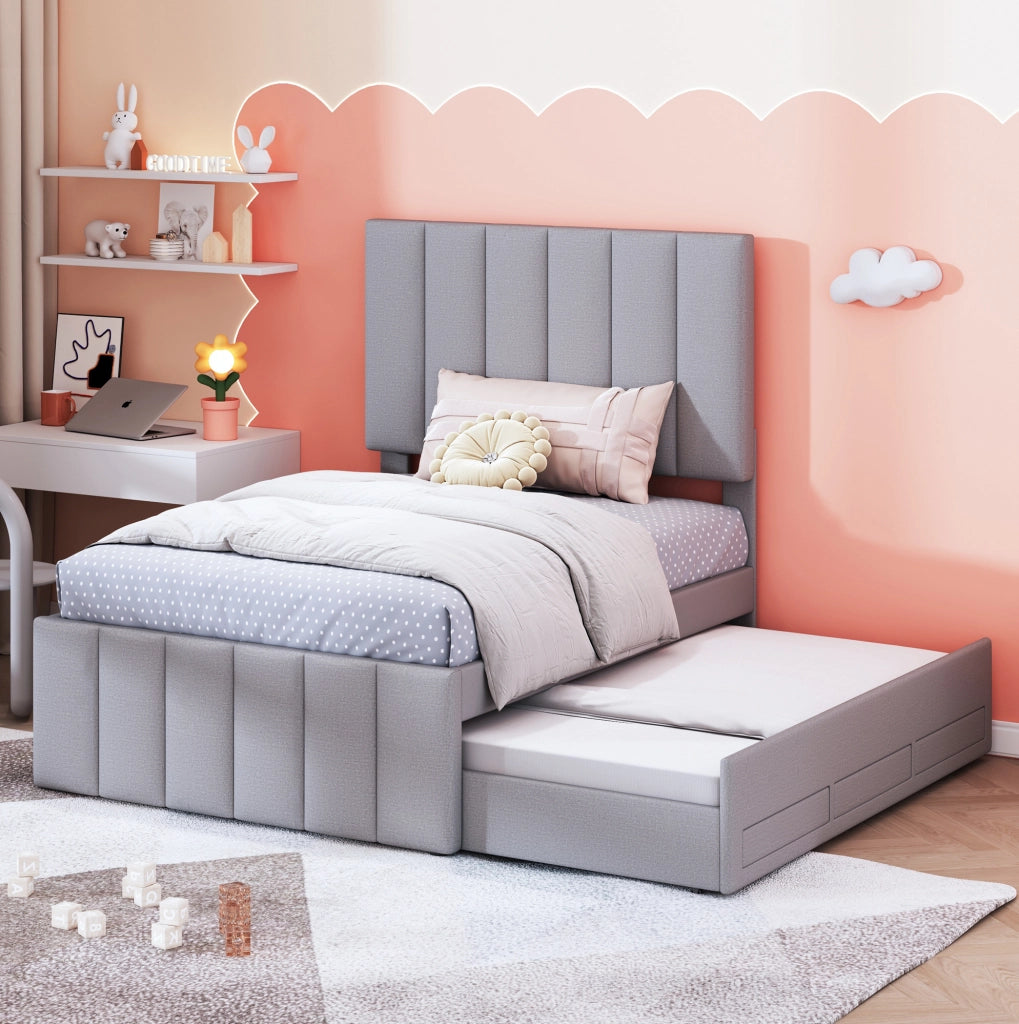Letto imbottito con letto estraibile e 3 cassetti; testiera regolabile; 204x90x118 cm; grigio