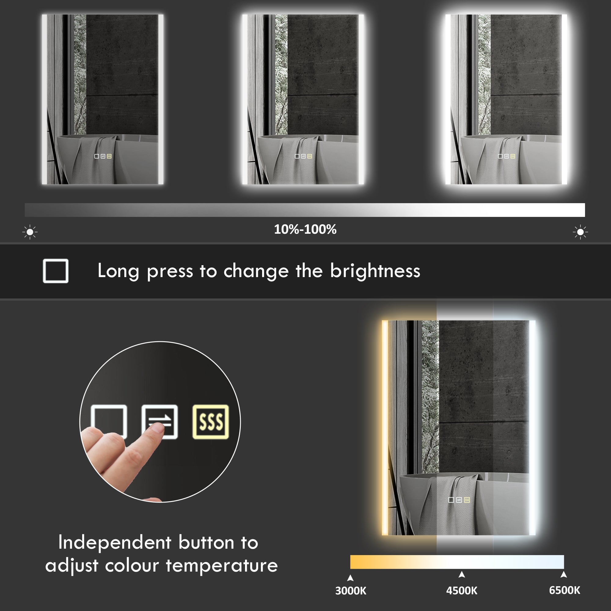 Specchio Bagno da Parete con Luce LED a 3 Colori 70x50x3 cm in Vetro Temperato Argento