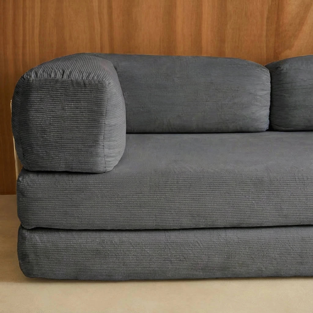 Divano letto futon in velluto a coste e struttura cromata, grigio
