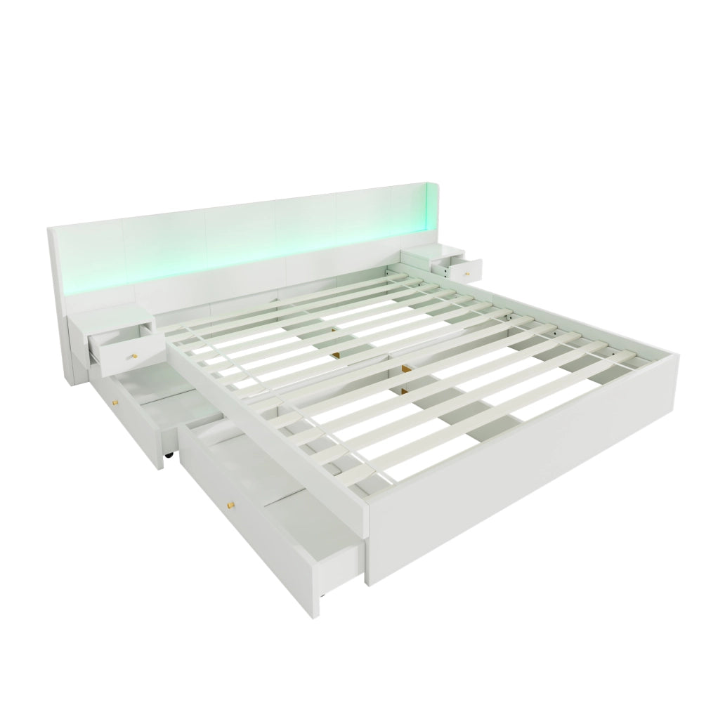 Letto matrimoniale 180x200 in MDF bianco con USB， LED e vani， senza materasso