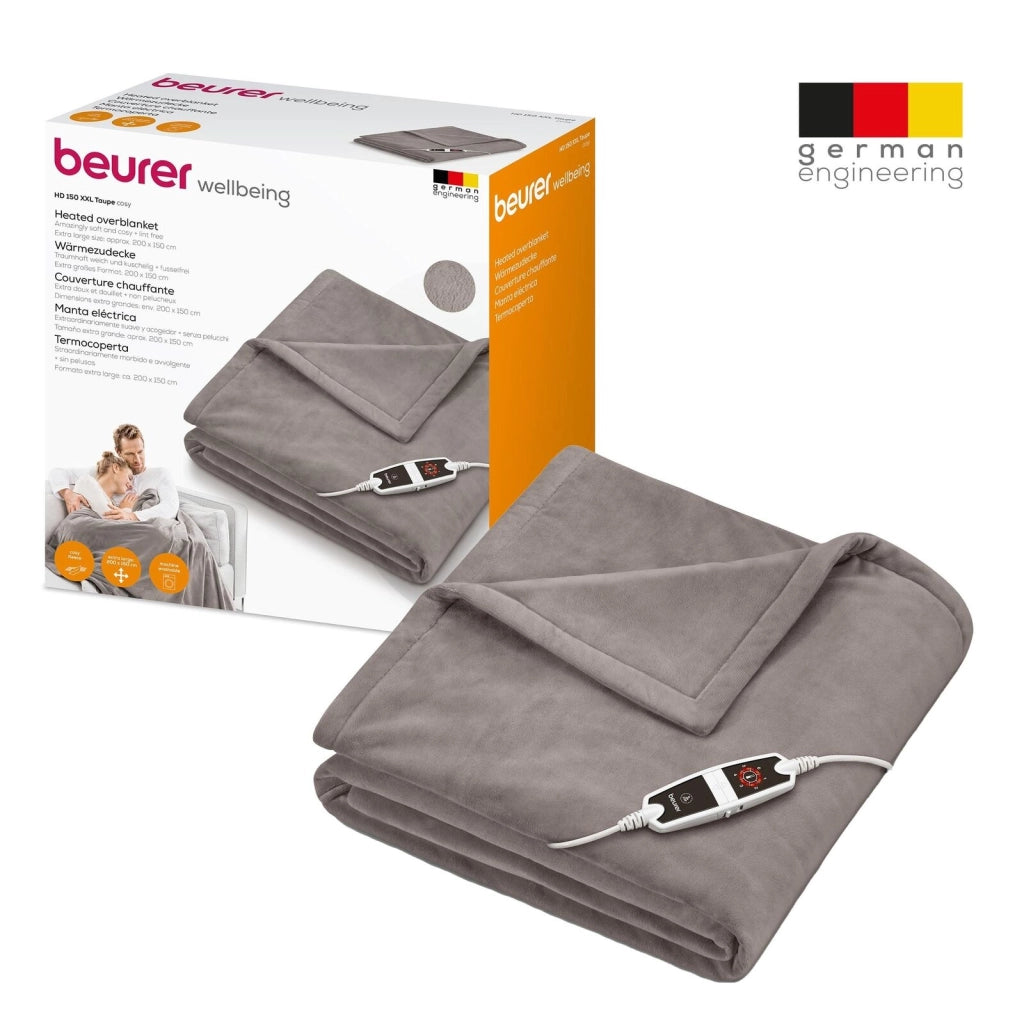 Beurer Coperta elettrica HD 150 XXL, termocoperta elettrica con spegnimento automatico, 200 x 150 cm, 6 impostazioni di temperatura, lavabile in lavatrice, morbida coperta, tortora
