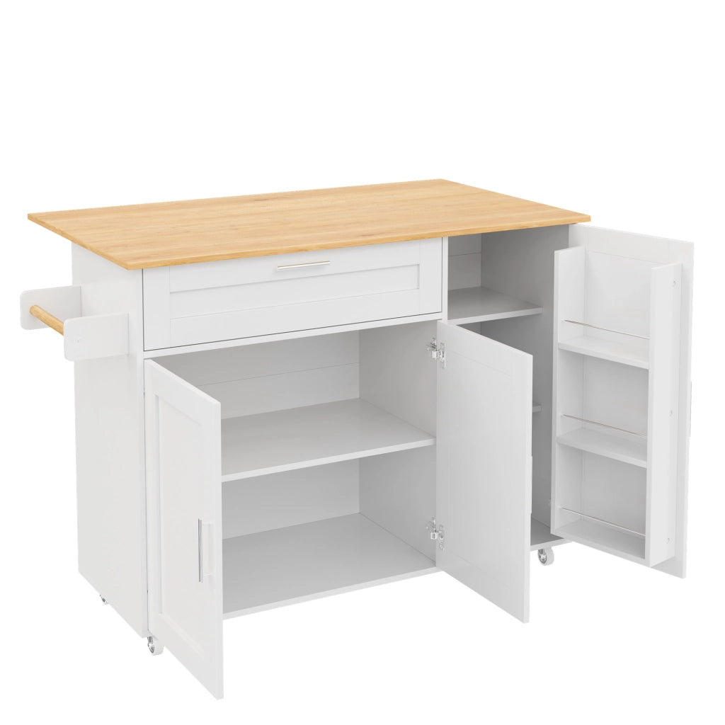 Carrello da cucina mobile con piano ribaltabile, 132,5x44(70)x90 cm, bianco/naturale, con ampio spazio contenitivo