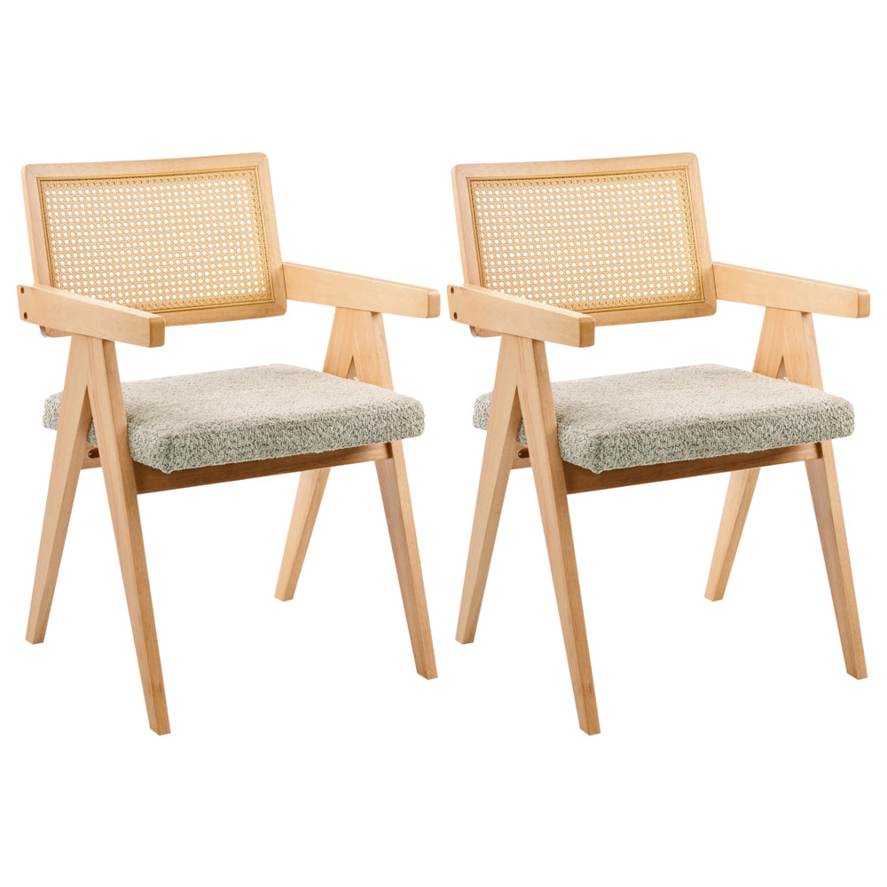Set di 2 sedie da pranzo marrone chiaro e tortora con rivestimento bouclé e struttura in legno di gomma per sala da pranzo e cucina in stile retrò