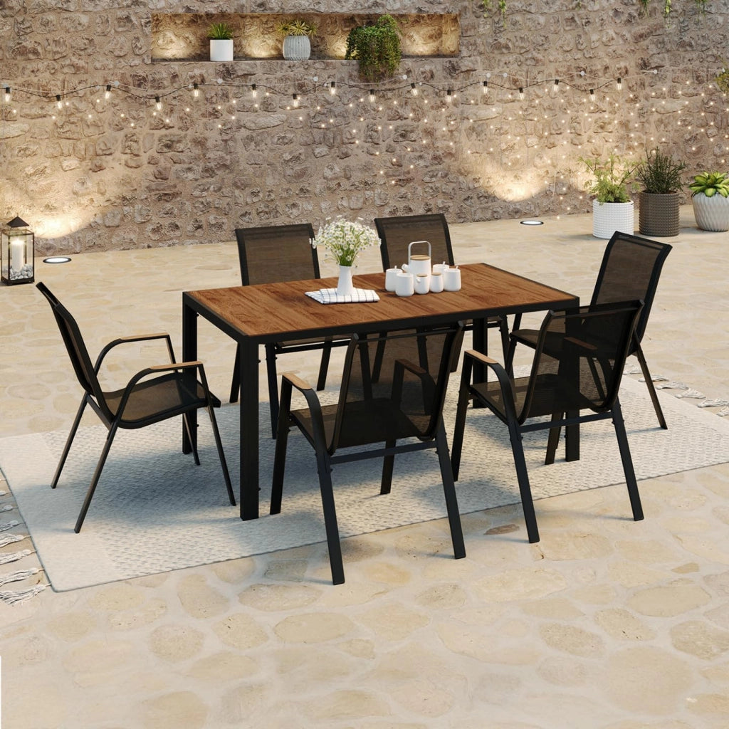Set di mobili da Giardino NOUMEA - Tavolo da 150 cm con Piano in Vetro temperato Effetto Legno e 6 sedie impilabili in Legno e n