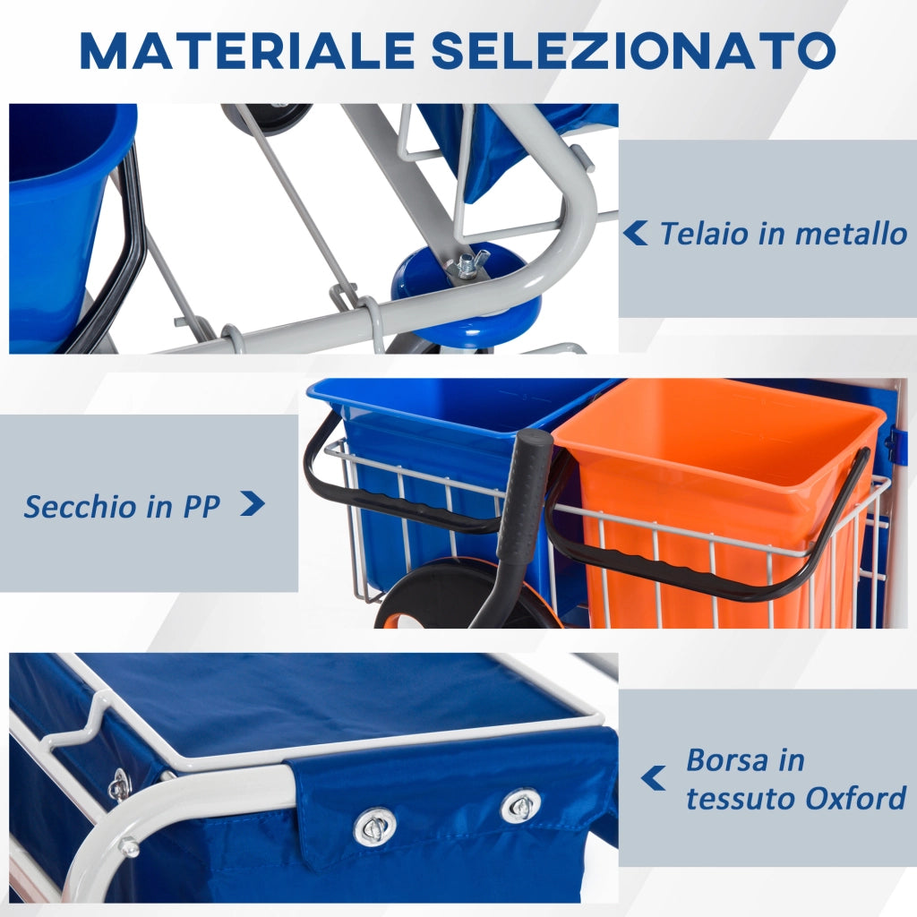 EasyComfort Carrello Pulizie Professionale con Sacco per Immondizia, 2 Secchi Lavapavimenti 18L, 2 Secchio Portaoggetti 6L, Strizzatore per Mocio, Gancio e Ruote per Hotel e Albergo, 93x80x97 cm, Arancione