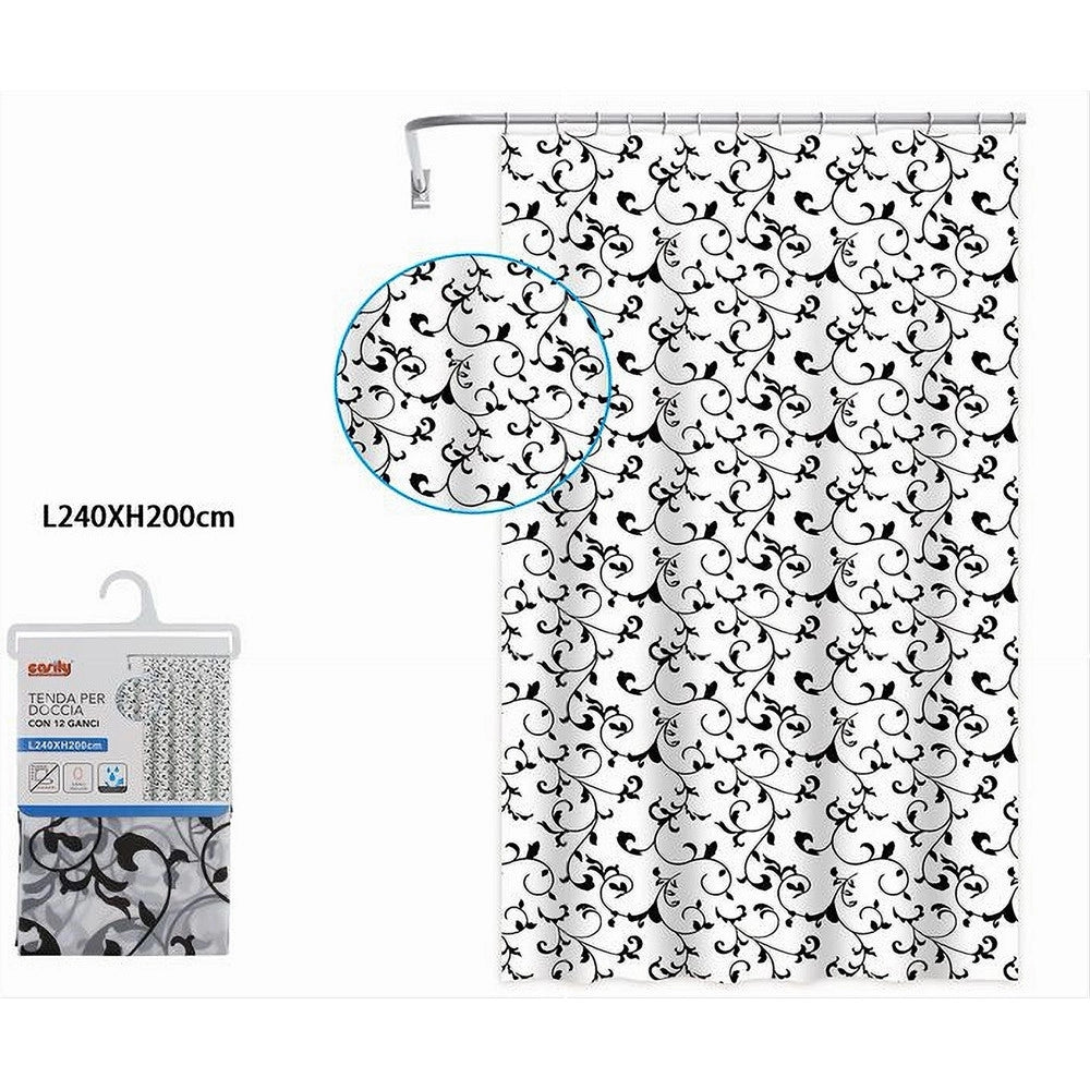 Trade Shop - Tenda Doccia Vasca Da Bagno 12 Ganci Motivo Floreale Bianco Nero 240x200cm 87568 -