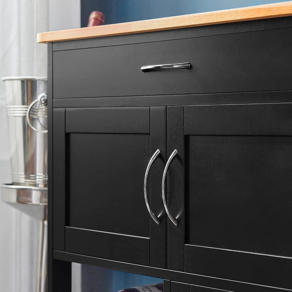 Carrello Cucina con Ruote, Isola Cucina Mobile con Cassetto e Portabottiglie, Mobiletto Salvaspazio con Piano in Legno di Gomma, Cucina da Esterno Credenza Nero 67 x 38 x 87 cm FKW45-SCH