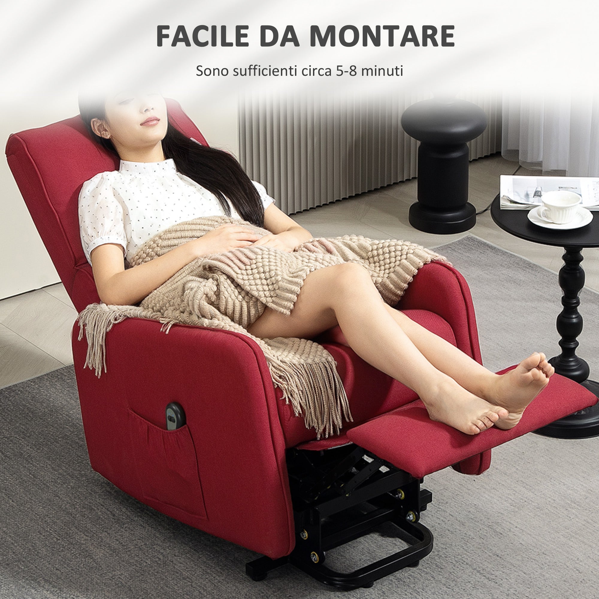 Poltrona Alzapersona Elettrica Reclinabile con Telecomando e Tasca in Tessuto Rosso