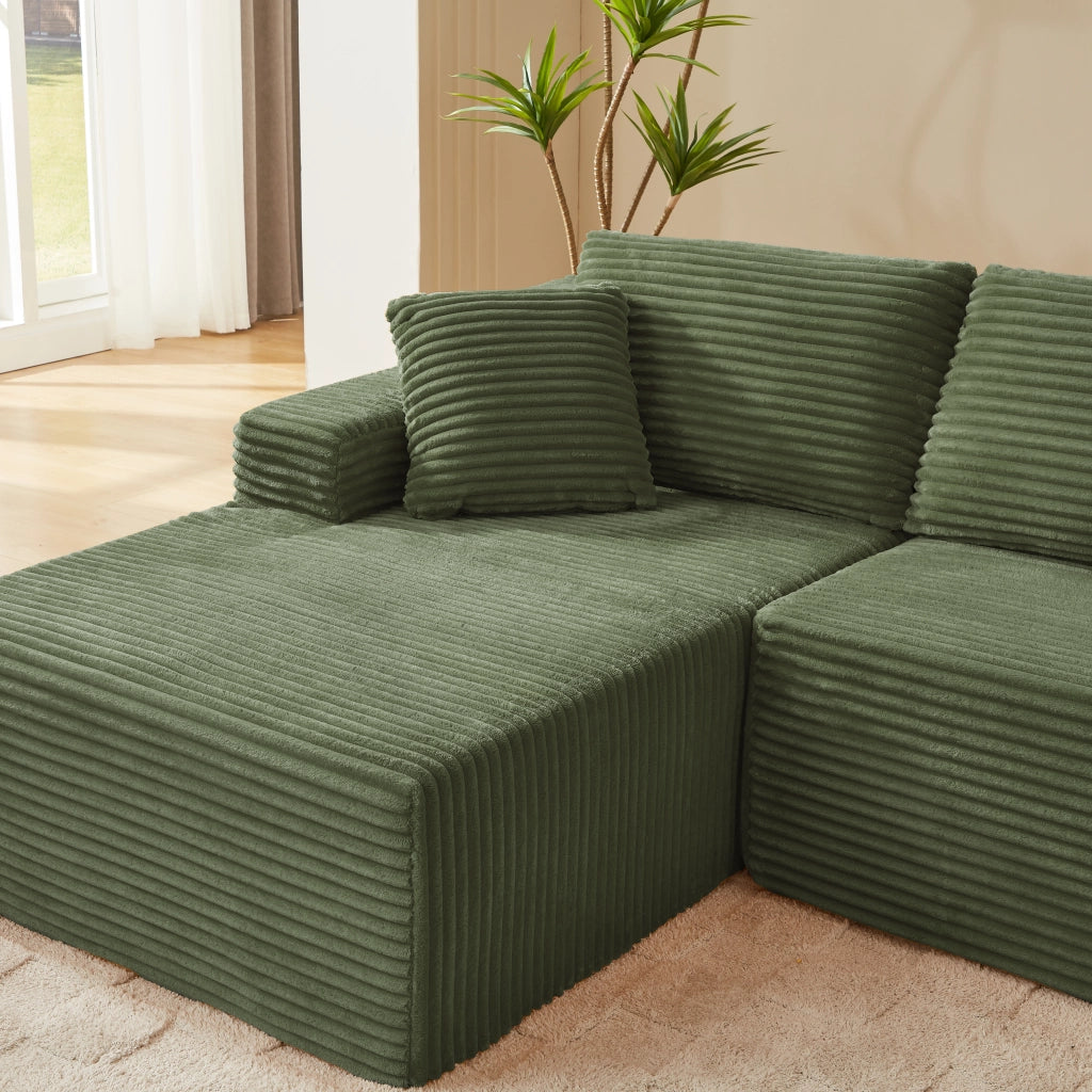 Divano modulare angolare con quattro configurazioni e cuscini removibili in schiuma e molle, verde