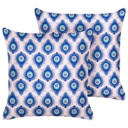 Set di 2 cuscini da giardino in tessuto di poliestere blu e rosa con motivo a pavone 45 x 45 cm esterno giardino elegante rettangolare