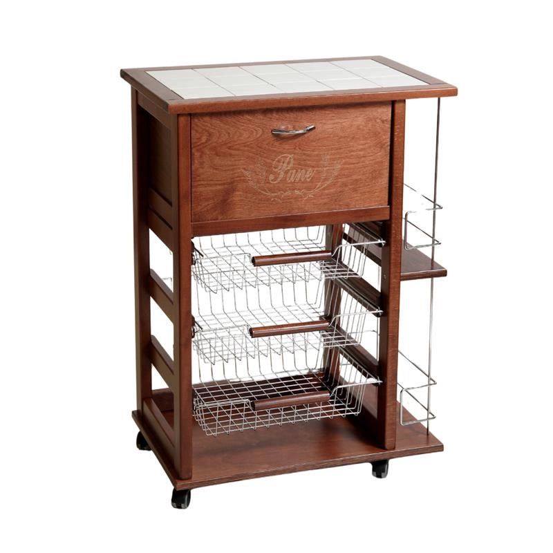 CARRELLO VESUVIO PORTAPANE+PORTABOTTIGLIE CILIEGIO BASE INFERIORE MULTISTRATO DI BETULLA 1 CASSETTO 3 CESTELLI PIANO MATTONELLE IN CERAMICA