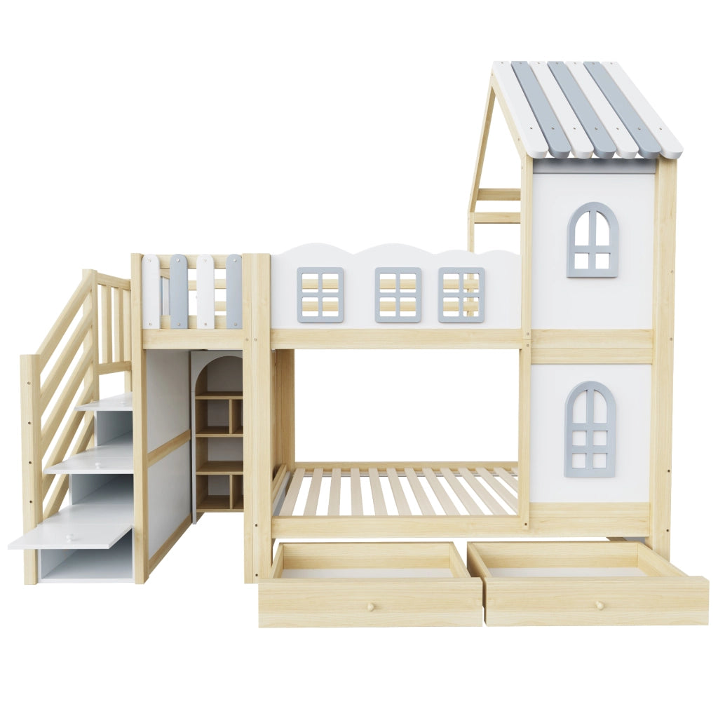 DESMIU Lit superposé 90 × 200 cm 2 posti con vano portaoggetti, scala, finestre, senza materasso, in legno, bianco