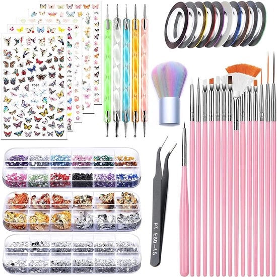 Accessori per unghie 50 pezzi - Set di accessori per manicure - Perle e stelline - Foglia d'oro - Attrezzi - Ideale per manicure - Nail Art