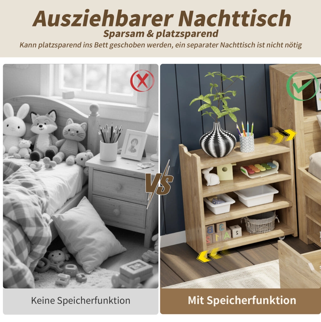 Letto per bambini 90x200 cm con contenitore; ripiani e cassetti; in plywood naturale