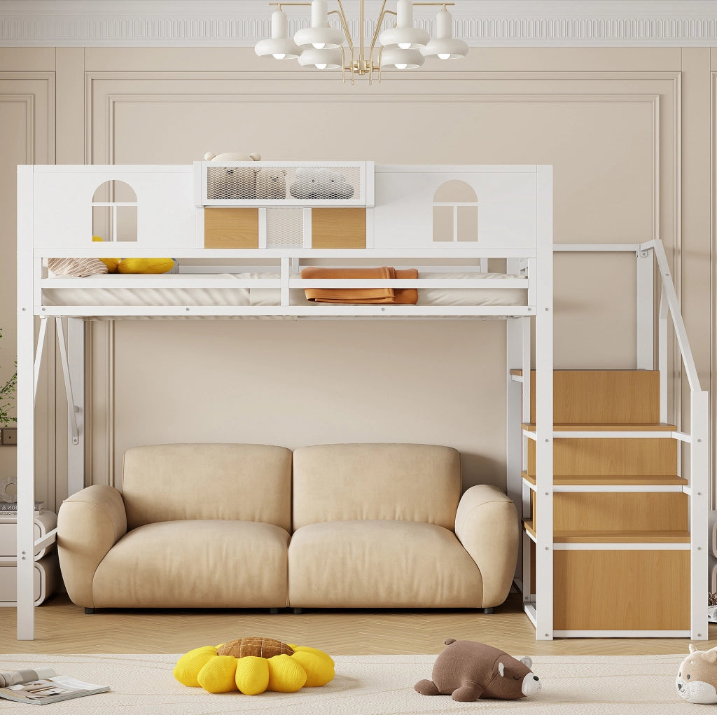 Letto a soppalco 140x200 cm con scala contenitore e ripiano; in metallo bianco