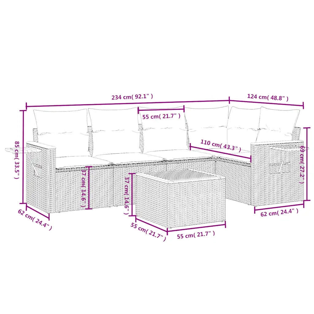 Set Divani da Giardino 6 pz con Cuscini Grigio in Polyrattan